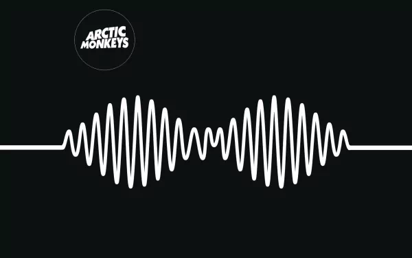 HD desktop wallpaper featuring a minimalist design with sound wave graphics and the Arctic Monkeys logo, capturing the essence of their music.