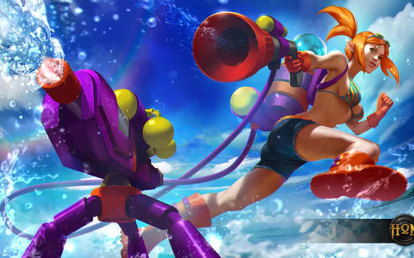 HD PC desktop wallpaper featuring a dynamic Heroes of Newerth character wielding a large water cannon against a vibrant, action-packed sky background.