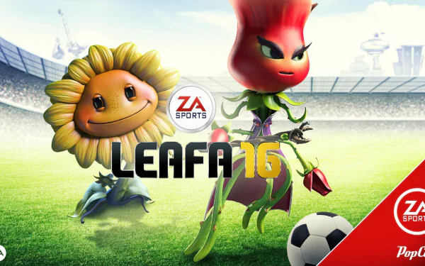 HD wallpaper featuring characters from Plants vs. Zombies: Garden Warfare 2, showcasing a sunflower and a zombie-themed flower in a vibrant soccer scene.