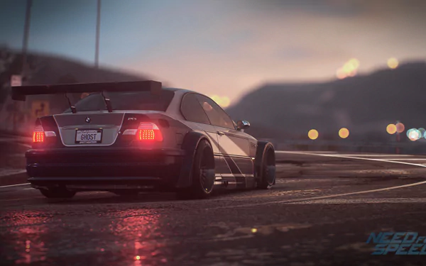 HD desktop wallpaper featuring a BMW M3 from the video game Need For Speed (2015), showcasing the car's rear view on a wet city street at dusk with blurred urban lights in the background.