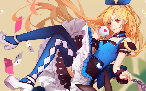 Anime-inspired Alice in Wonderland character with long blonde hair and playful attire, striking a whimsical pose amidst floating playing cards. HD wallpaper for desktop backgrounds.