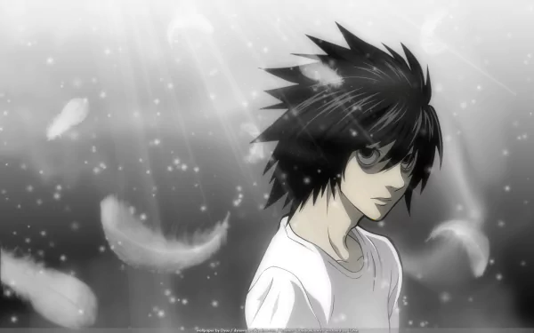 HD desktop wallpaper featuring an anime character from Death Note, set against a background with floating feathers in a grayscale color scheme.