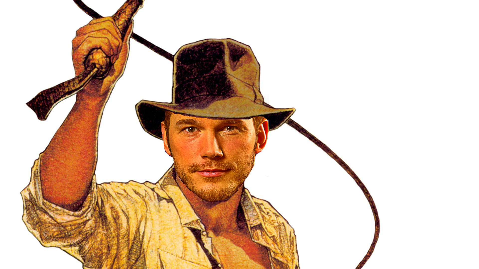 HD desktop wallpaper featuring a person in a hat holding a whip, evocative of adventure, tagged with Chris Pratt.