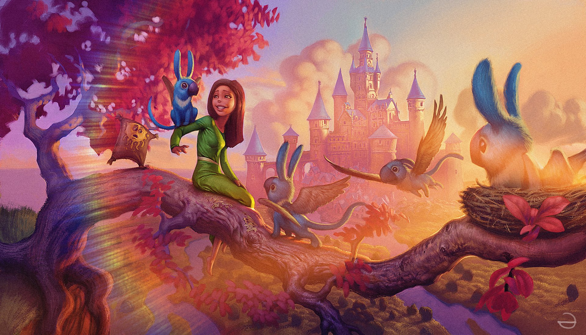 Vibrant fantasy 2K Quad HD PC desktop wallpaper: girl in green perched on a twisted tree branch, surrounded by winged blue rabbit-creatures and birds, pastel sunset with a distant fairy-tale castle.