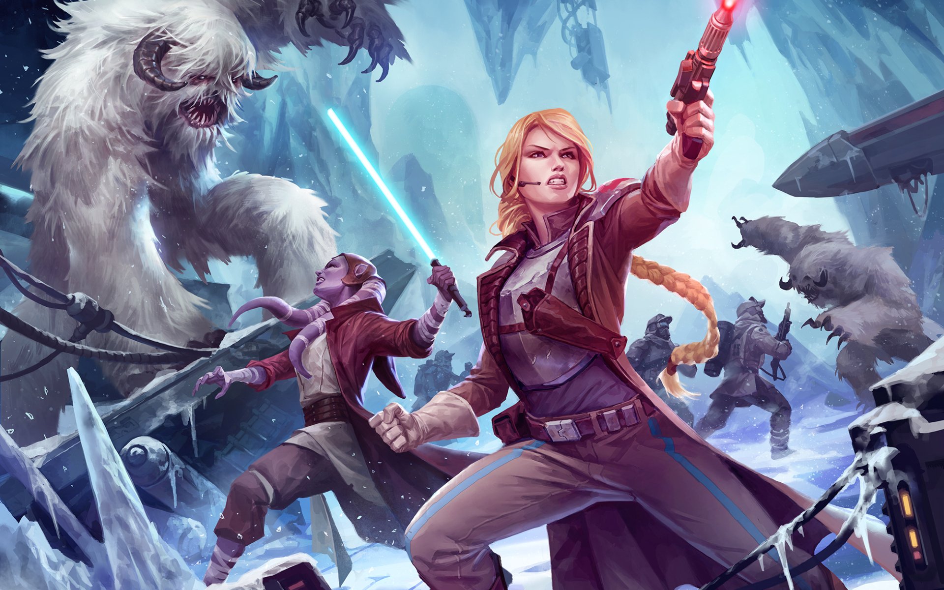 Sci Fi Star Wars HD PC desktop wallpaper: a woman Jedi with a blaster and a lightsaber-wielding ally battle wampa-like beasts amid icy caverns.