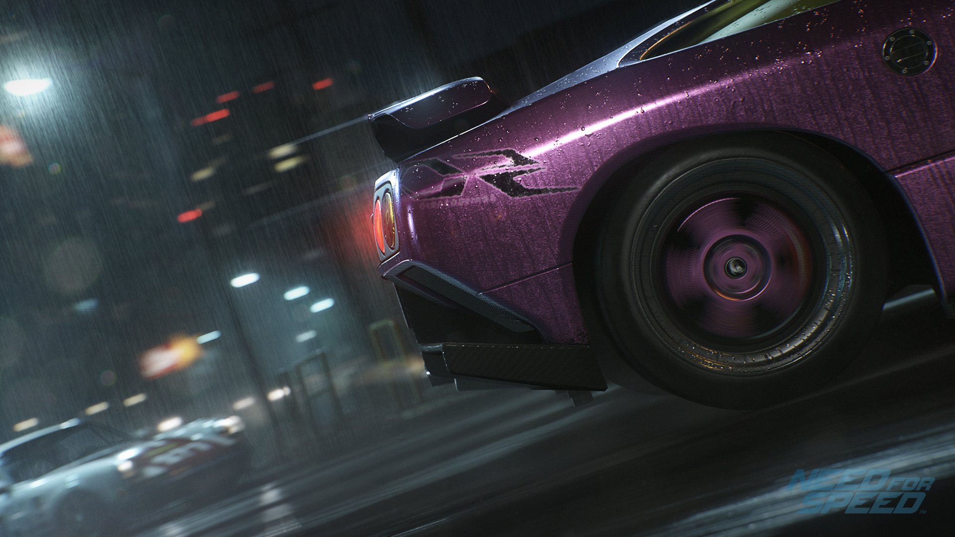 A vibrant HD wallpaper featuring a sleek purple car from Need For Speed (2015) speeding through a rainy cityscape, capturing the essence of thrilling nighttime street racing.