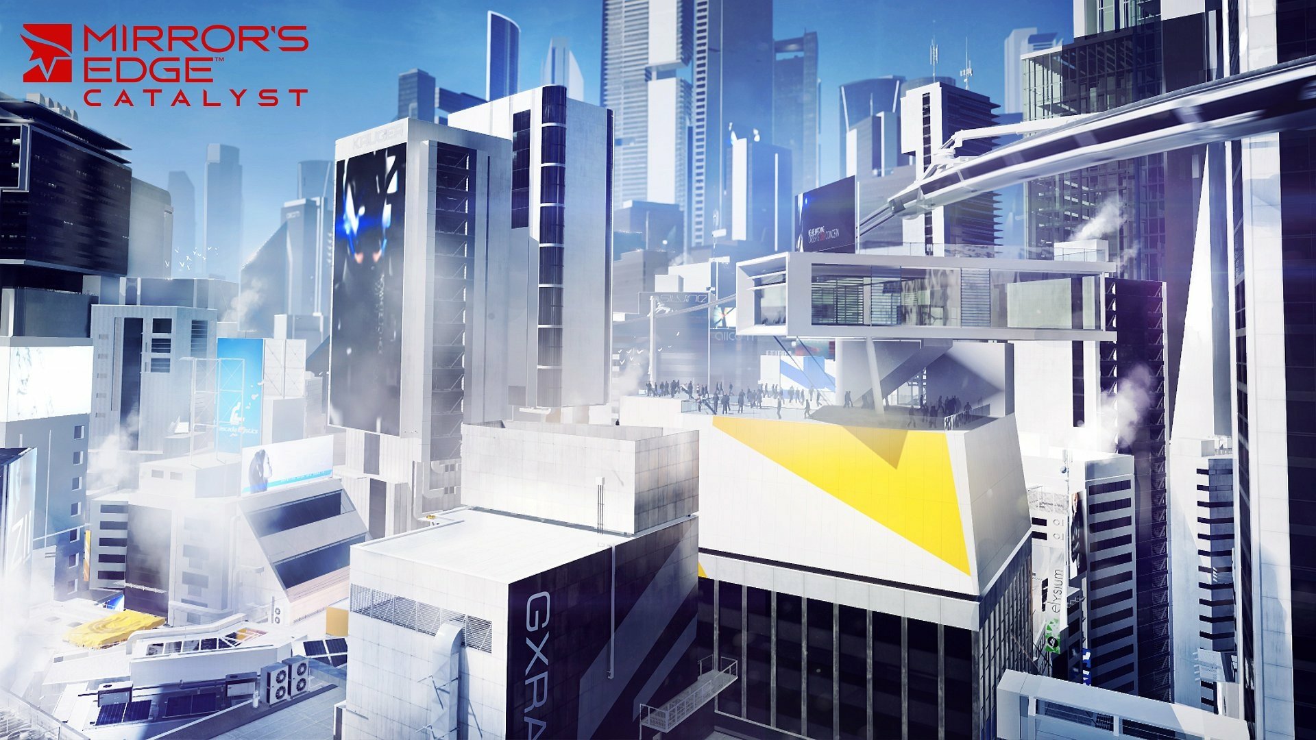 HD PC desktop wallpaper featuring a futuristic cityscape from the video game Mirror's Edge Catalyst with sleek skyscrapers and bright, clean architectural lines.