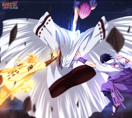 HD wallpaper featuring an intense battle scene from the anime Naruto, showcasing characters Sakura Haruno, Sasuke Uchiha, and Naruto Uzumaki in dynamic action.