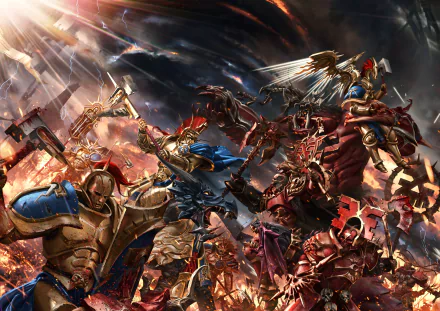 HD PC desktop wallpaper featuring Stormcast Eternals in an intense battle scene from the Warhammer Age of Sigmar video game.