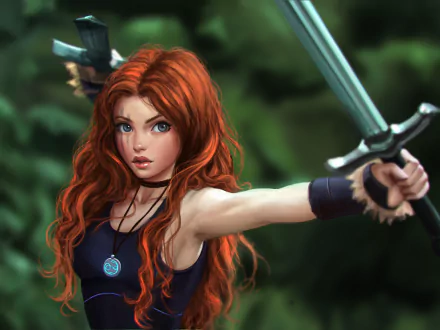 HD desktop wallpaper of a fierce female warrior with flowing red hair, wielding dual swords in a mystical forest background.
