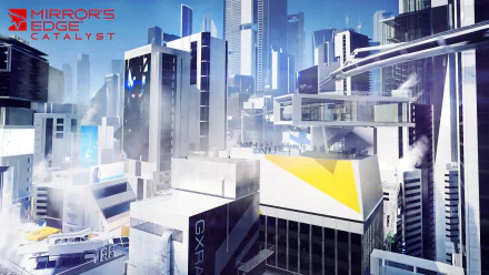 HD PC desktop wallpaper featuring a futuristic cityscape from the video game Mirror's Edge Catalyst with sleek skyscrapers and bright, clean architectural lines.
