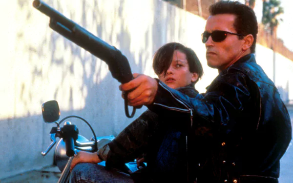 A dynamic scene from Terminator 2: Judgment Day featuring Arnold Schwarzenegger as the Terminator and Edward Furlong as John Connor, showcasing intense action and adventure.