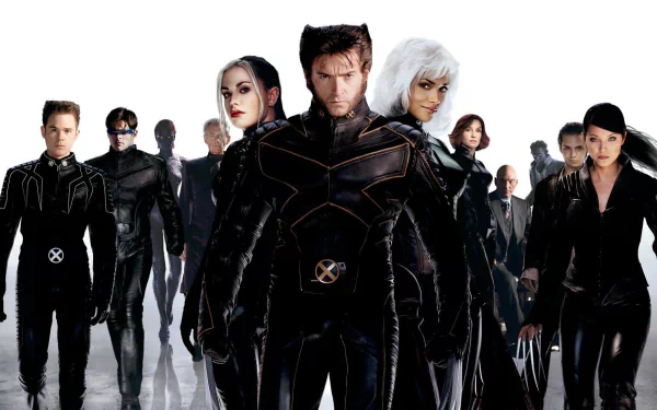 A dynamic HD desktop wallpaper featuring iconic Marvel characters from X2: X-Men United, including Pyro, Nightcrawler, Jean Grey, Mystique, Magneto, Storm, Rogue, Cyclops, Iceman, and Lady Deathstrike.