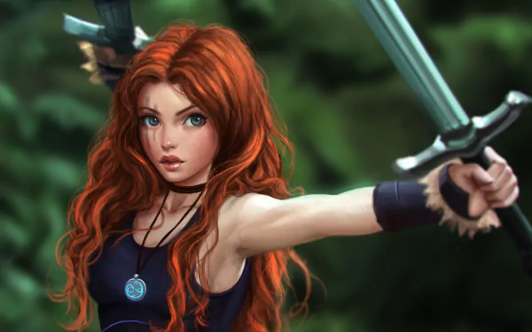 HD desktop wallpaper of a fierce female warrior with flowing red hair, wielding dual swords in a mystical forest background.