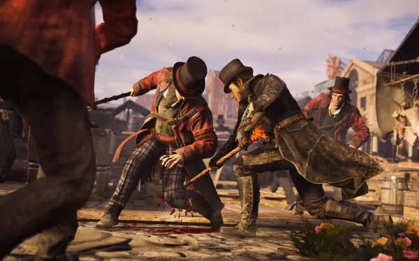 Action-packed scene featuring Jacob Frye from Assassin's Creed: Syndicate, engaging in a dynamic confrontation in a vibrant, industrial setting. HD desktop wallpaper.