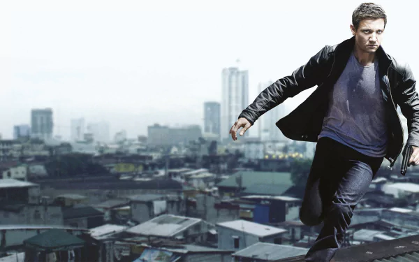 HD desktop wallpaper featuring an intense scene from the movie The Bourne Legacy with a man running on a rooftop against a cityscape background.