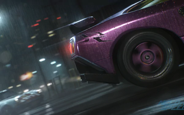A vibrant HD wallpaper featuring a sleek purple car from Need For Speed (2015) speeding through a rainy cityscape, capturing the essence of thrilling nighttime street racing.