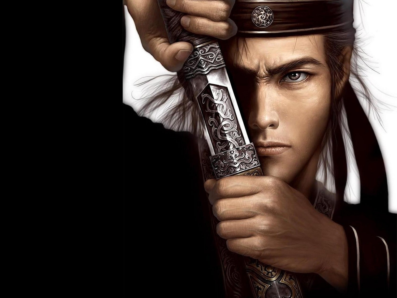 A striking HD fantasy wallpaper featuring a samurai with intense gaze, gripping the intricately designed hilt of his sword, set against a contrasting black background.
