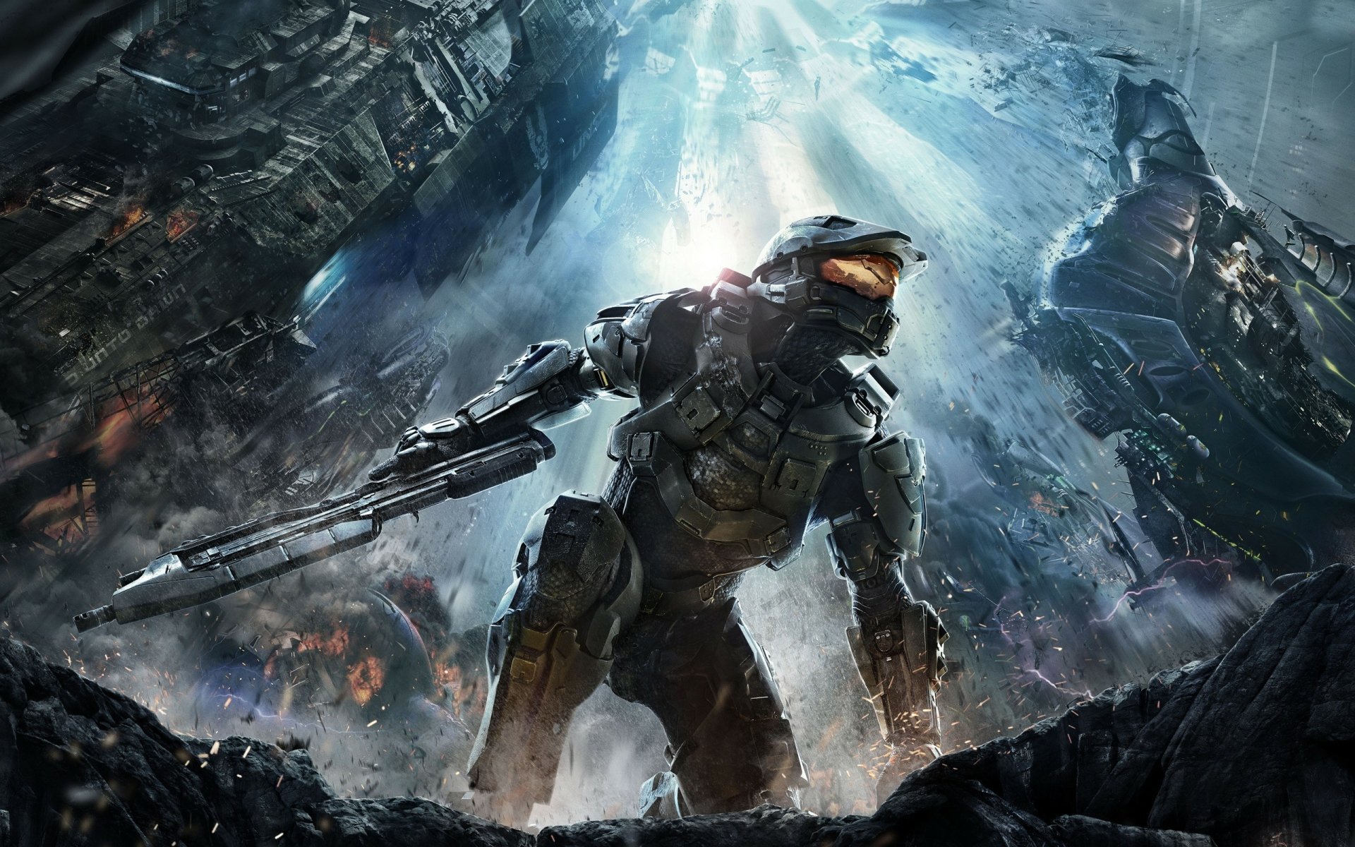 Master Chief stands ready in a dramatic battlefield scene from Halo 4, showcased in a high-definition PC desktop wallpaper background.
