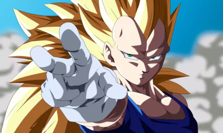 HD desktop wallpaper featuring Vegeta in his Super Saiyan form from Dragon Ball Z, set against a cloudy blue sky background.
