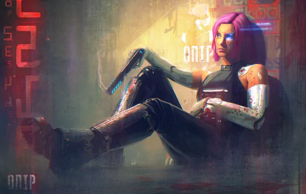 HD sci-fi desktop wallpaper featuring a cybernetic woman with pink hair, holding a futuristic gun against a glowing, tech-inspired background.