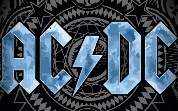 HD PC desktop wallpaper featuring the AC/DC logo with a blue camo pattern, set against a black tribal-inspired background, reflecting the rock band's iconic music style.