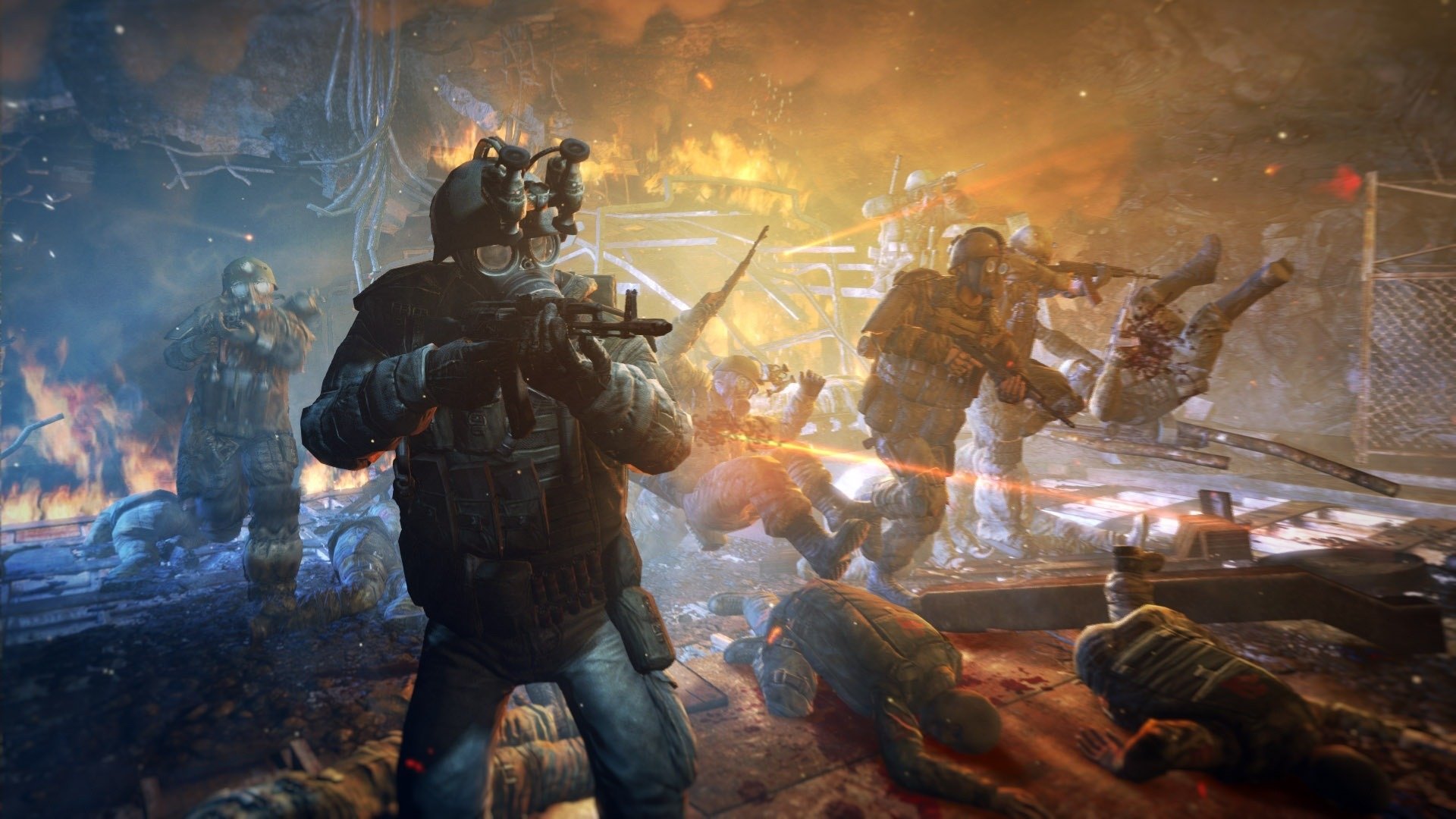 HD PC desktop wallpaper from the video game Metro: Last Light, featuring armed soldiers in a fiery, post-apocalyptic urban battle scene.