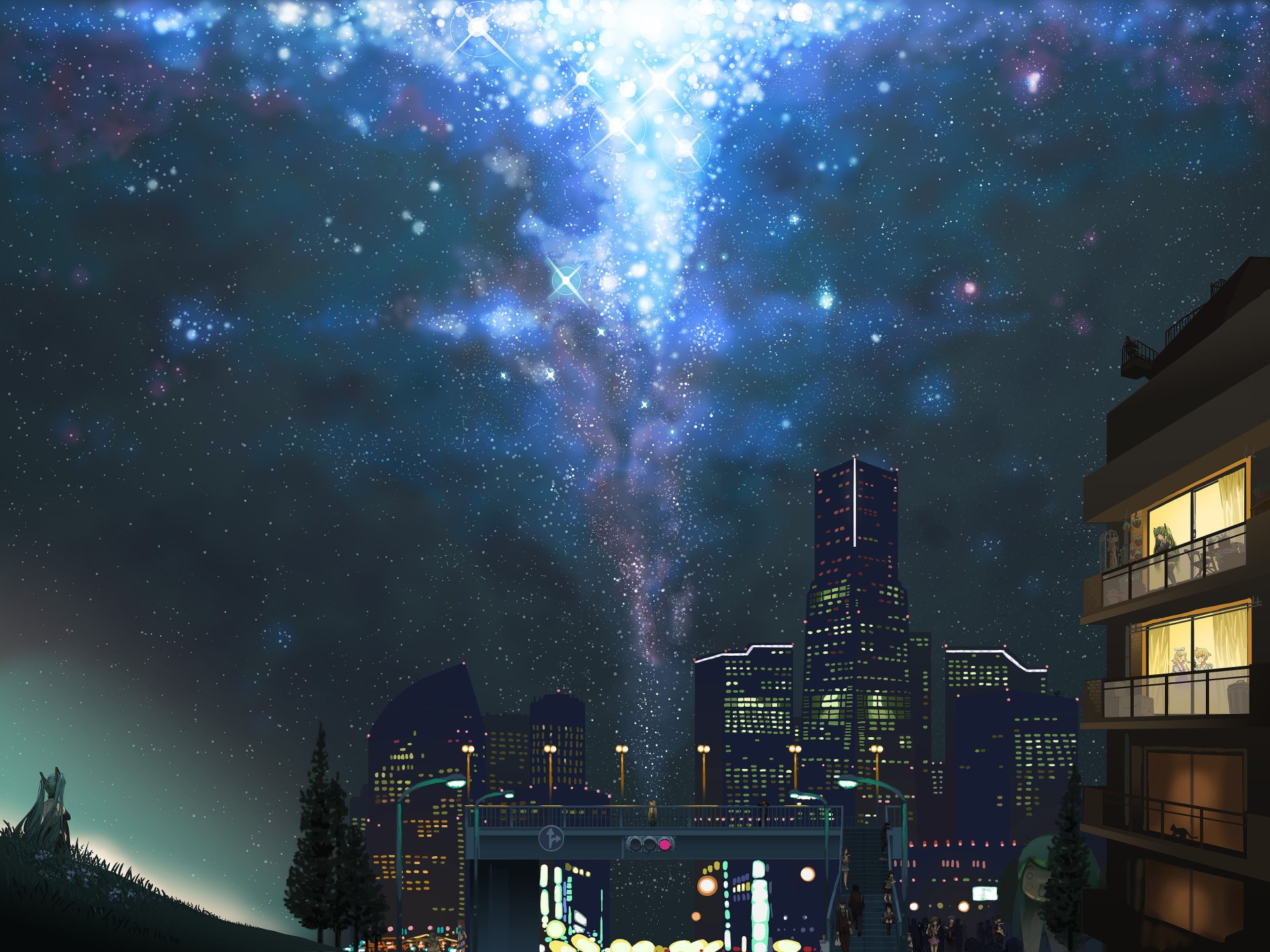 A vibrant night cityscape featuring Hatsune Miku under a starry sky, capturing the essence of anime and Vocaloid aesthetics in stunning 4K Ultra HD.