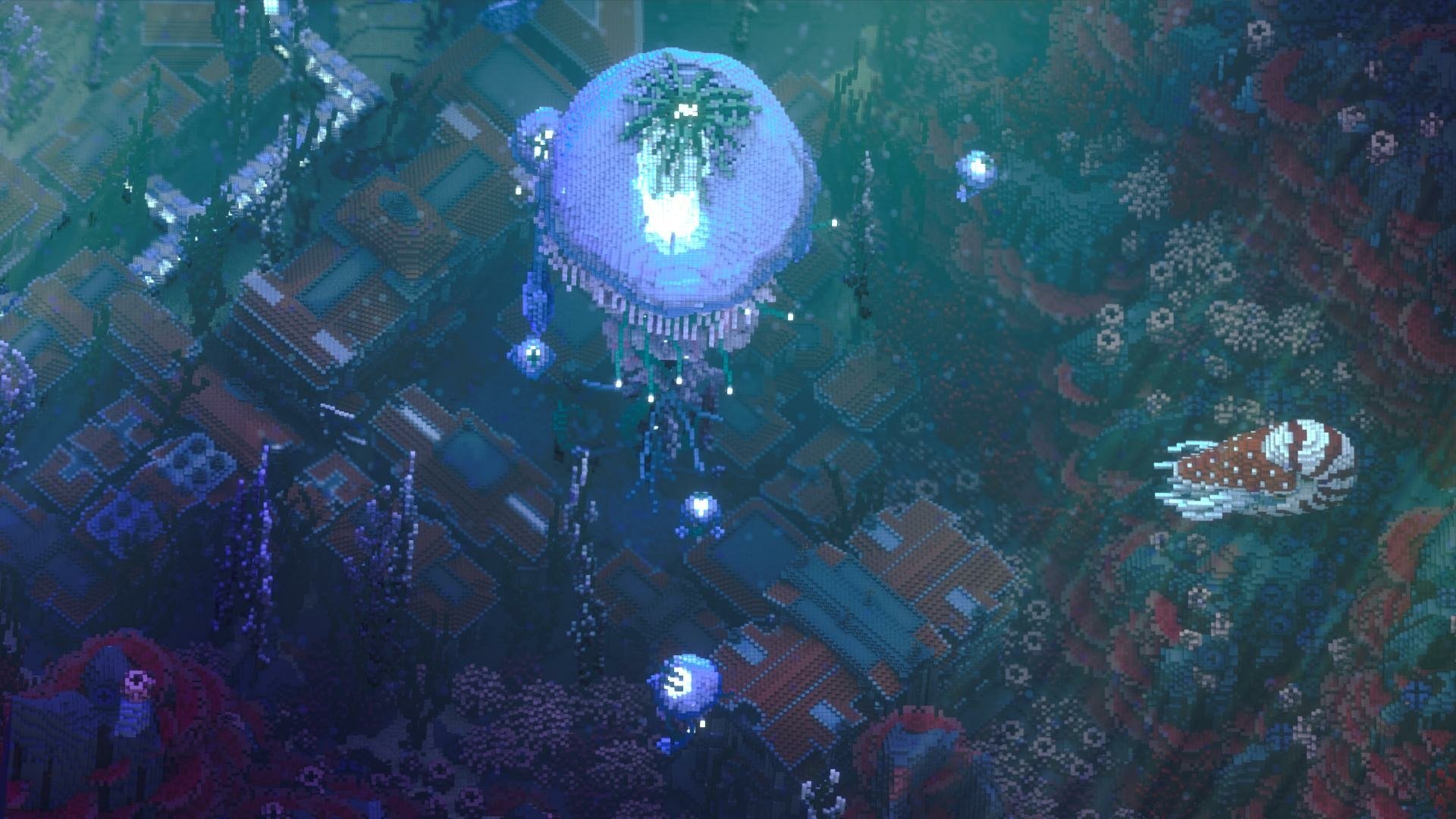 A vibrant underwater scene from Minecraft, featuring colorful coral, jellyfish, and a mysterious structure, designed as a high-definition desktop wallpaper.