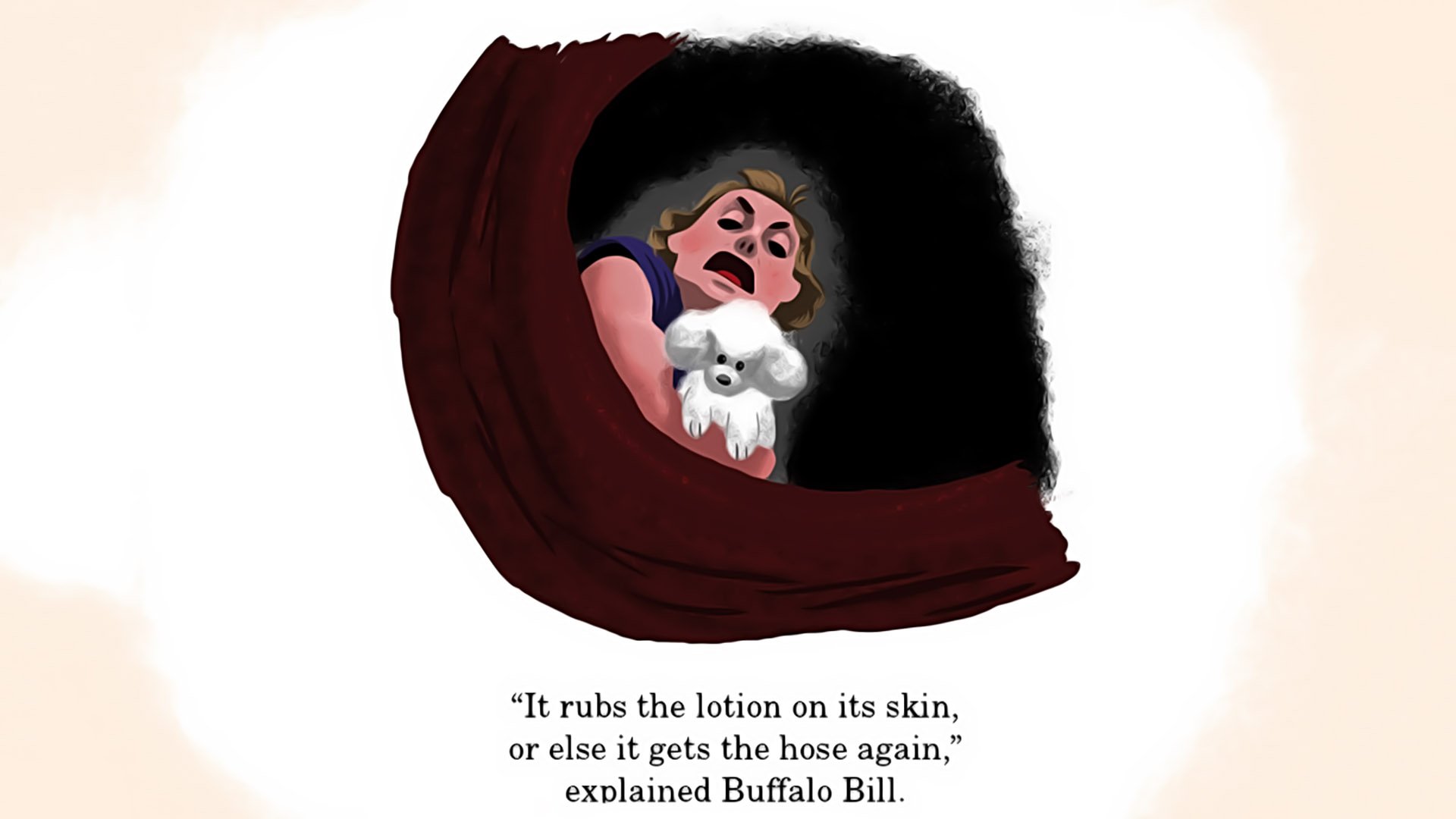 HD desktop wallpaper featuring a stylized scene from the movie The Silence of the Lambs, with a woman holding a small white dog and a famous quote below.