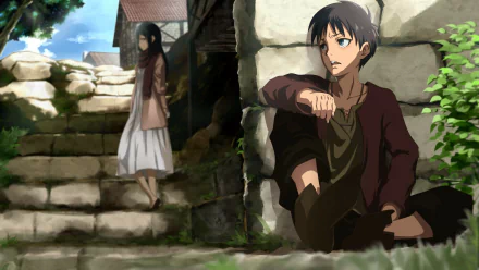 HD wallpaper of Mikasa Ackerman and Eren Yeager from the anime Attack on Titan. Eren sits against a stone wall looking pensive while Mikasa stands on a set of steps in the background.