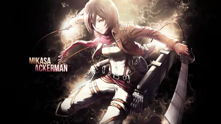 HD desktop wallpaper featuring Mikasa Ackerman from the anime Attack on Titan, depicted in action pose with her signature gear and intense expression, surrounded by dynamic lighting effects.