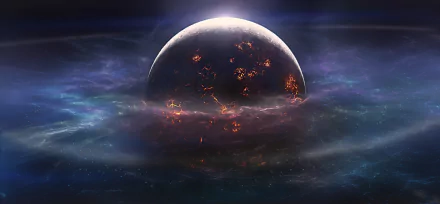 A Sci-Fi HD desktop wallpaper depicting a dramatic space collision with a glowing, cracked planet surrounded by cosmic clouds and starry landscape.