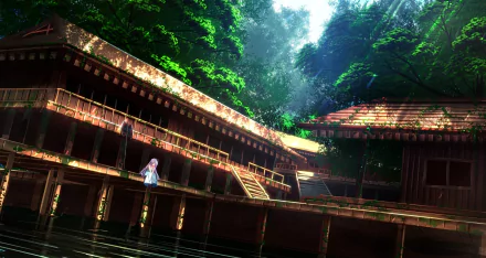 A serene anime landscape featuring a sunny scene with lush trees, water, and a traditional building. This vibrant HD wallpaper captures a peaceful, nature-filled atmosphere.