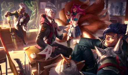 HD desktop wallpaper featuring characters Ekko, Vladimir, Darius, and Ahri from League of Legends in a school uniform-themed setting.