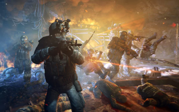 HD PC desktop wallpaper from the video game Metro: Last Light, featuring armed soldiers in a fiery, post-apocalyptic urban battle scene.