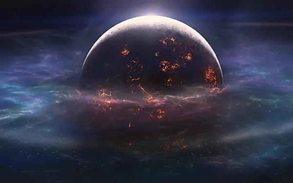 A Sci-Fi HD desktop wallpaper depicting a dramatic space collision with a glowing, cracked planet surrounded by cosmic clouds and starry landscape.