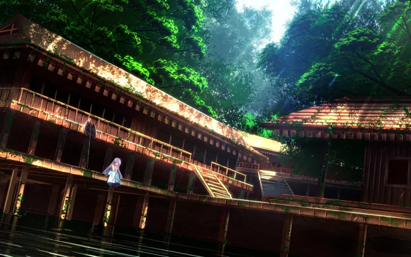 A serene anime landscape featuring a sunny scene with lush trees, water, and a traditional building. This vibrant HD wallpaper captures a peaceful, nature-filled atmosphere.