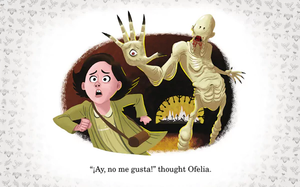 HD PC desktop wallpaper featuring an illustrated scene from the movie Pan's Labyrinth, showing Ofelia frightened by a skeletal creature in a dark, eerie setting.
