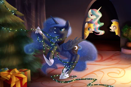 HD PC desktop wallpaper and background: Princess Luna tangled in Christmas lights by a tree while Princess Celestia watches from a doorway — My Little Pony: Friendship Is Magic TV show.