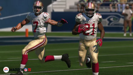 HD desktop wallpaper featuring two football players from Madden NFL 16 game, set against the backdrop of a stadium.