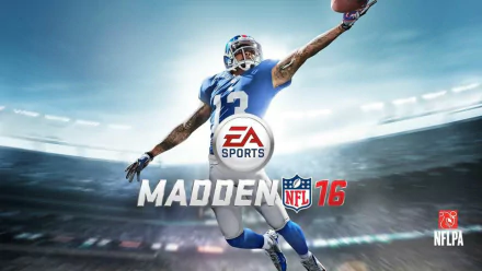 HD desktop wallpaper featuring a dynamic Madden NFL 16 graphic with a football player reaching for a catch.
