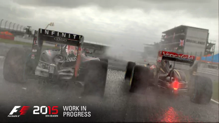 HD wallpaper featuring a dynamic F1 2015 race scene with two Formula 1 cars speeding on a wet track.
