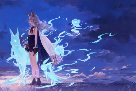 Anime-inspired HD wallpaper from Granblue Fantasy featuring a character surrounded by ethereal creatures against a twilight backdrop.