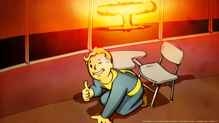 An HD desktop wallpaper featuring a character from the video game Fallout, smiling and giving a thumbs up in front of a nuclear explosion backdrop.