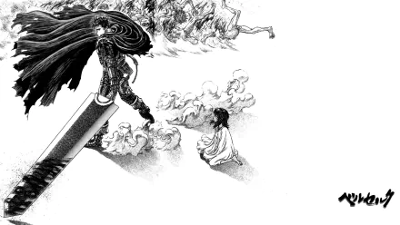 Black-and-white HD PC desktop wallpaper featuring Casca and Guts from the anime Berserk, showcasing dynamic poses and intense atmosphere.