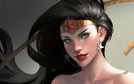 HD comic-style Wonder Woman portrait with flowing black hair, iconic star tiara, and star-shaped earrings, designed as a desktop wallpaper and background.