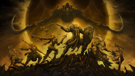 A dramatic HD wallpaper featuring characters from Diablo III: Reaper of Souls, including the Barbarian, Monk, Witch Doctor, Wizard, Crusader, and Demon Hunter, set against Malthael's ominous backdrop.
