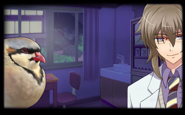 HD desktop wallpaper from Hatoful Boyfriend featuring a split image of a real bird and an anime character in a school setting.