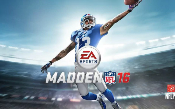 HD desktop wallpaper featuring a dynamic Madden NFL 16 graphic with a football player reaching for a catch.